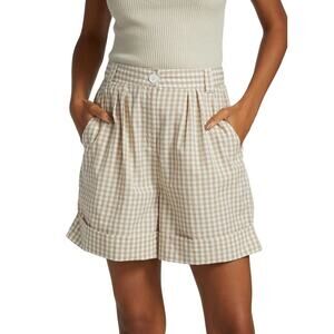 by TiMo Women Beige Checks Gingham Casual High Waist Pleated Shorts Size S